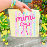 Floral Stripe Title DTF Heat Transfer, a colorful decorative fabric piece with pink and purple floral and stripe patterns, featuring the word 'mimi' in pink, designed for custom fabric decoration.