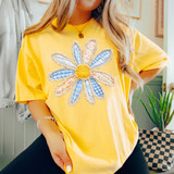 Faux Fabric Patchwork Daisy DTF Heat Transfer, close-up of a vibrant yellow t-shirt with a colorful patchwork floral Daisy design for DIY fabric applique and heat transfer projects.