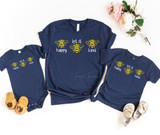 Be Happy Let It Be Be Kind Youth Screen Print Heat Transfer, navy blue matching family T-shirts with yellow bee graphic and motivational text.