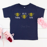 Be Happy Let It Be Be Kind Youth Screen Print Heat Transfer, navy blue t-shirt with yellow and white bee illustrations and positive messages for kids.