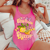 Easy Peasy Lemon Squeezy Bows DTF Heat Transfer, colorful lemon and bows design on a pink tank top.