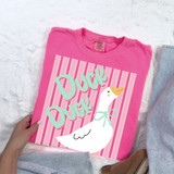 Duck Duck Goose DTF Heat Transfer, pink T-shirt with a cartoon duck and pink stripes, ready for customized heat transfer application.
