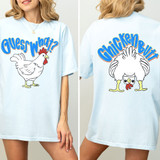 Guess What? Chicken Butt Blue FULL SET DTF Heat Transfer, T-shirt with playful chicken design and humorous text on front and back.