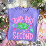 Toad-Ally On To PINK DTF Heat Transfer, colorful graphic T-shirt with a cute green frog and pink text.
