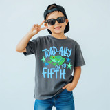 Toad-Ally On To BLUE DTF Heat Transfer, a colorful and fun shirt design featuring a green toad and vibrant text on a child's t-shirt.