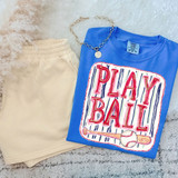 Play Ball Striped Baseball DTF Heat Transfer, blue t-shirt with baseball-themed graphic and text.