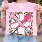 Leopard Pink Baseball DTF Heat Transfer, pink baseball-themed design with crossed pink bats and baseball on a pink t-shirt.