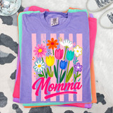 Flower Bouquet Title DTF Heat Transfer, colorful floral design with the word 'Momma' printed on a purple t-shirt.