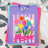 Flower Bouquet Title DTF Heat Transfer, colorful floral design on purple t-shirt with the word 'Mawmaw' in pink script.