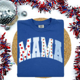 Patriotic Mama Cherry Coquette DTF Heat Transfer, a brightly colored patriotic-themed heat transfer design on a blue T-shirt with red, white, and blue patterns, surrounded by festive party decorations.