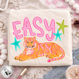 Easy Tiger Retro DTF Heat Transfer, colorful design of a sitting tiger with pink, orange, and yellow colors, surrounded by stars with the word 'Easy' in bright pink text.