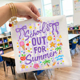 Schools Out For Summer Doodle DTF Heat Transfer, colorful hand-drawn summer-themed design on a fabric tote bag.