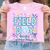 Field Day Let The Games Begin DTF Heat Transfer, pink T-shirt with colorful floral and striped pattern and playful text design.