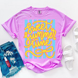 Sweet Summer Time Stripes DTF Heat Transfer, colorful T-shirt design with yellow script text and blue striped background.