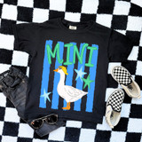 Mini Goose Snapback DTF Heat Transfer, black t-shirt with a graphic of a goose wearing a yellow hat, surrounded by stars and the word 'MINT' in colorful letters.