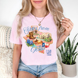 She's From Texas DTF Heat Transfer, colorful graphic design on pink t-shirt with Texas map, cowboy boots, cowboy hat, water tower, cactus, and Texas flag.