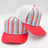 Red, White, & Blue Stripe Structured Cotton Trucker Hat – Fully Adjustable Boutique Blank Cap, featuring a colorful striped pattern with a red brim and white mesh back.