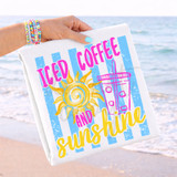 Iced Coffee And Sunshine DTF Heat Transfer, colorful beach-themed design on fabric with sun and drink illustration.