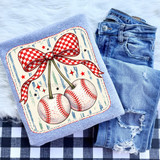 Baseball Cherries DTF Heat Transfer, vintage style baseball cherries design with red checkered ribbon on a fabric piece.