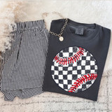 Checkered Baseball DTF Heat Transfer, close-up of a black T-shirt with a checkered baseball graphic design featuring red stitches.