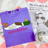 Unproducktive DTF Heat Transfer, purple T-shirt with a humorous cartoon duck and 'unproducttive' text, showcasing a creative design for heat transfer printing.