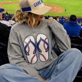 Gray sweatshirt featuring oversized sequin baseball flip flop patches with chenille embroidery, styled for trendy baseball mom game day apparel.