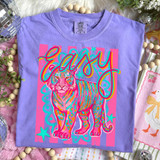Easy Tiger DTF Heat Transfer, colorful tiger graphic design on a purple T-shirt.