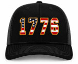 1776 Embroidered Patch – Hat Bar Ready, black baseball cap with patriotic embroidered numbers 1776 featuring American flag pattern on each digit.