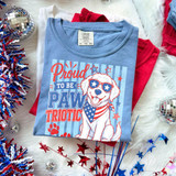 Proud To Be Pawtriotic DTF Heat Transfer T-Shirt with patriotic dog wearing sunglasses and bandana, celebrating American pride with red, white, and blue colors.