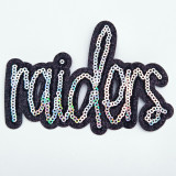 Raiders Sequin & Black Glitter Mascot Hat Patch, black glitter patch with the word 'Raiders' outlined in shiny sequins.