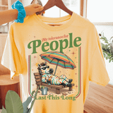 My Tolerance For People Last This Long DTF Heat Transfer T-shirt with a fun design of a zebra relaxing on a beach chair under a rainbow umbrella, wearing sunglasses, with a drink in hand, in a vibrant summer scene.