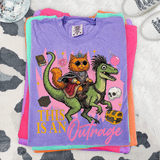 This Is An Outrage Retro Fantasy Cat DTF Heat Transfer, colorful digital graphic of a cartoon cat with sunglasses riding a dinosaur surrounded by mischievous elements like skulls, treasures, and potions.