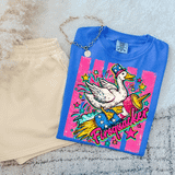 Firequacker Patriotic Goose DTF Heat Transfer, colorful design featuring a patriotic goose with a hat, flying on a broomstick with stars and fireworks in the background.