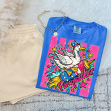 Firequacker Patriotic Goose DTF Heat Transfer, colorful graphic t-shirt with a patriotic goose wearing a hat and riding a rocket, surrounded by stars and bright colors.