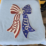 1776 USA Sequin Bow Patch, patriotic red and blue American flag themed sequin bow patch with stars and the year 1776.