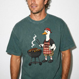 BBQ Dad Goose DTF Heat Transfer, humorous cartoon goose character wearing a baseball cap and apron, grilling skewers on a BBQ grill, holding tongs and a drink, perfect for outdoor cookout clothing.