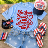 She Loves Jesus and America Too Fluffy Patch, patriotic themed clothing and accessories including a blue T-shirt with red embroidery, American flag hat, star pattern shorts, flip-flops, and American flag-themed decorations.