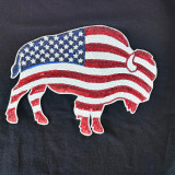 Patriotic Buffalo Sequin Patch, an embroidered patch of a buffalo featuring a United States flag design with red, white, and blue sequins.