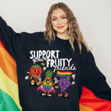 Support Your Fruity Friends DTF Heat Transfer, fun design with cartoon fruits supporting Pride and LGBTQ+ community.