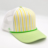 Citrus Stripe Structured Cotton Trucker Hat – Fully Adjustable Boutique Blank Cap, a stylish cap with yellow, green, and white striped front panels, a light green curved brim, and a white mesh back for breathability.