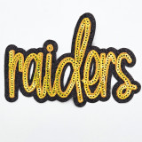 Raiders GOLD Sequin & Black Glitter Mascot Hat Patch, embroidered patch featuring the word Raiders with gold sequins on black glitter fabric.