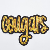 Cougars GOLD Sequin & Black Glitter Mascot Hat Patch, embroidered patch with gold sequins spelling 'Cougars' on black glitter background.