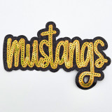 Mustangs GOLD Sequin & Black Glitter Mascot Hat Patch, decorative patch with the word 'Mustangs' embroidered with yellow sequins on black glitter fabric.
