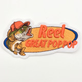 Reel Great Pop Pop Embroidered Hat Patch, 5 inch wide, featuring a detailed fish and colorful text design.