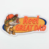 Reel Great Dad Embroidered Hat Patch – 5 inches wide featuring a colorful fish wearing a cap, with the text 'Reel Great Dad' in bold orange embroidery.