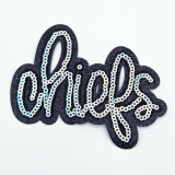 Chiefs Sequin Glitter Hat Patch, black and silver 4x3 inch decorative patch with glitter and sequin embellishments.