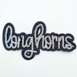 Longhorns Sequin Glitter Hat Patch, 5-inch wide decorative patch featuring the word 'Horns' outlined with shiny sequins on a black glitter background.