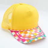 Sunshine Plaid Blank Trucker Hat, yellow front panel with a pink, orange, white, and teal plaid patterned brim and mesh back panel.