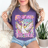 Get Up And Praise The Lord DTF Heat Transfer, colorful graphic t-shirt featuring a white dove and vibrant floral designs.