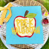 Grade School Hallelujah Apple DTF Heat Transfer, colorful apple design with the text 'Pre-K Hallelujah' on a blue fabric background.